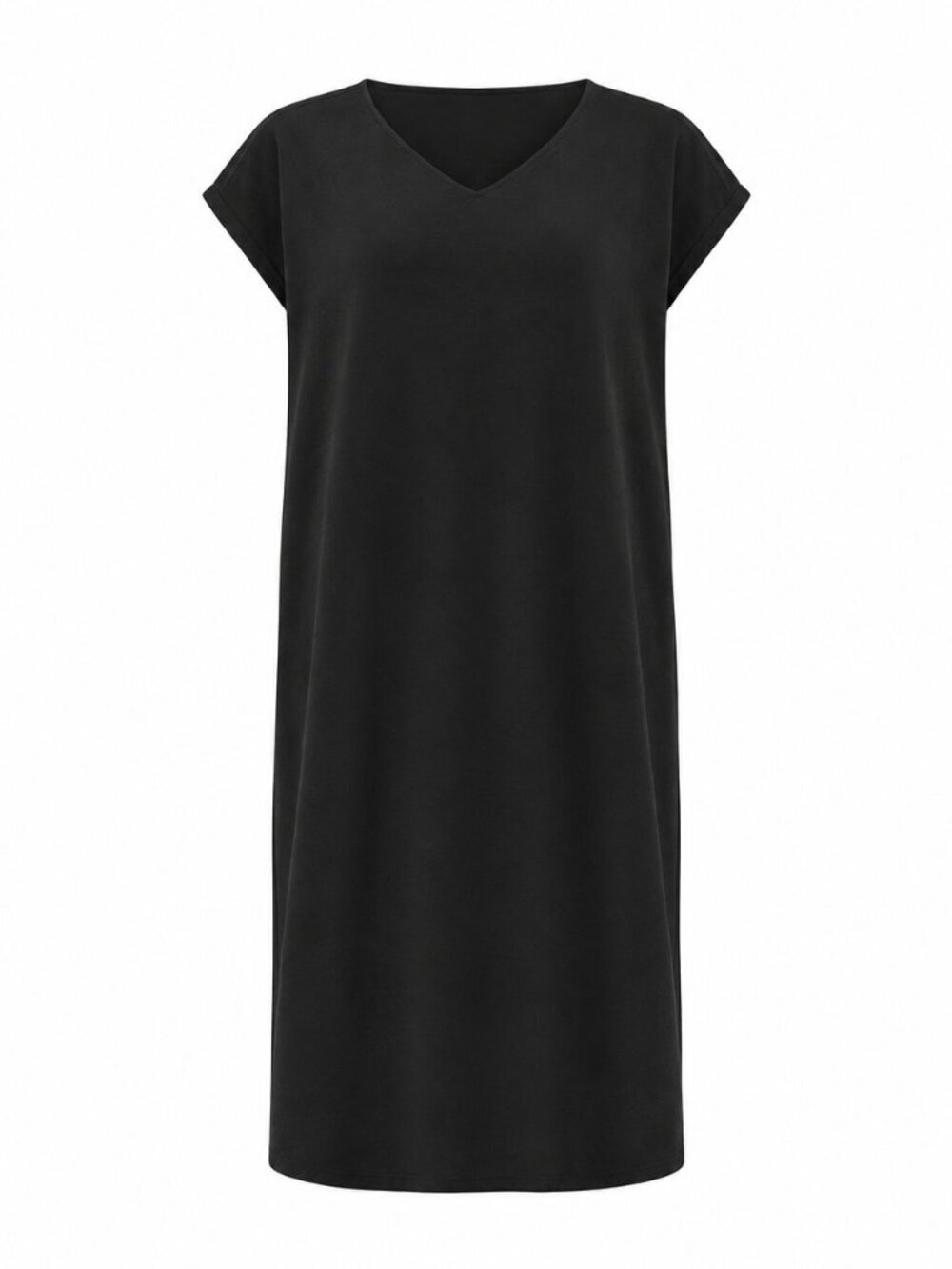 Eileen Fisher V-Neck Boxy Knee Length Tencel Dress Black Jersey NWOT Size XS